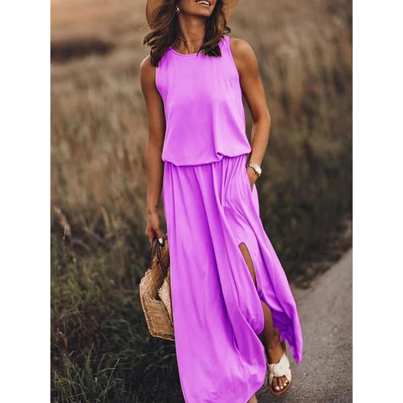 Summer Women's Trendy Retro Round Neck Sleeveless Slit Solid Color Casual Dress 3