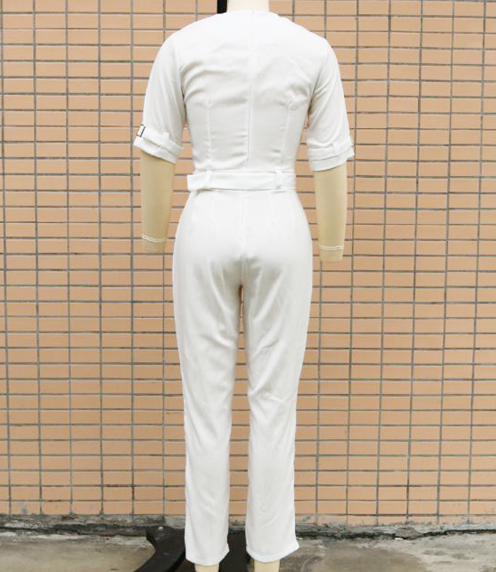 Spring/Summer Fit Turndown Collar Short Sleeve Professional Ol Jumpsuit 19