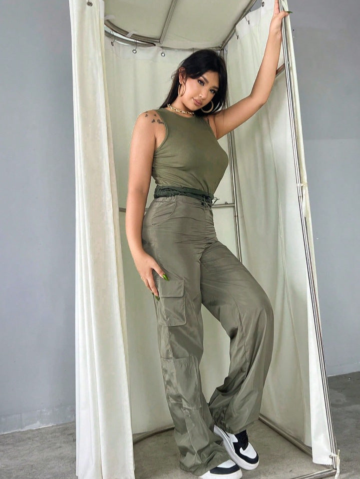 Round Neck Patchwork Drawstring Casual Wide-Leg Fashion Women's Jumpsuit 6