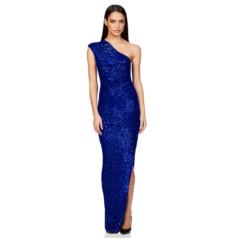 Women's One-Shoulder Sleeveless Sequined Slit Evening Party Dress 28