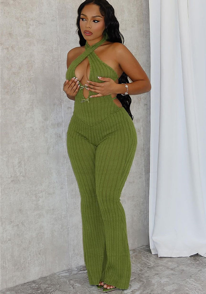 Women summer Halter Neck lace-up backless sexy Bell Bottom Jumpsuit