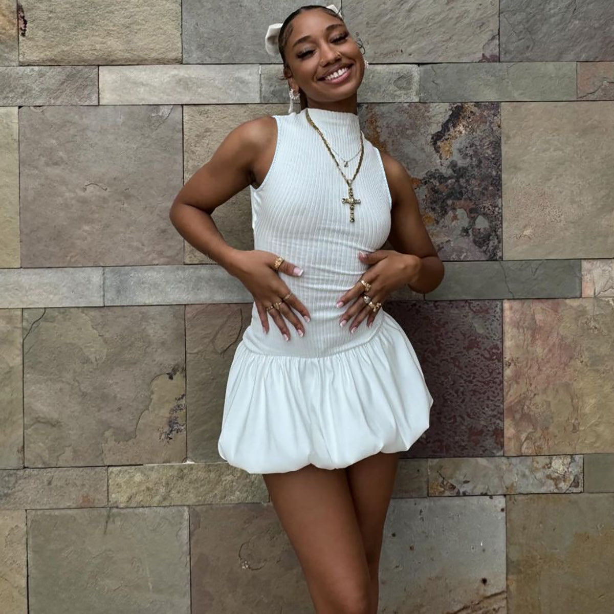 Women's Summer Fashion Sexy Back Hollow Slim Patchwork Pleated Dress