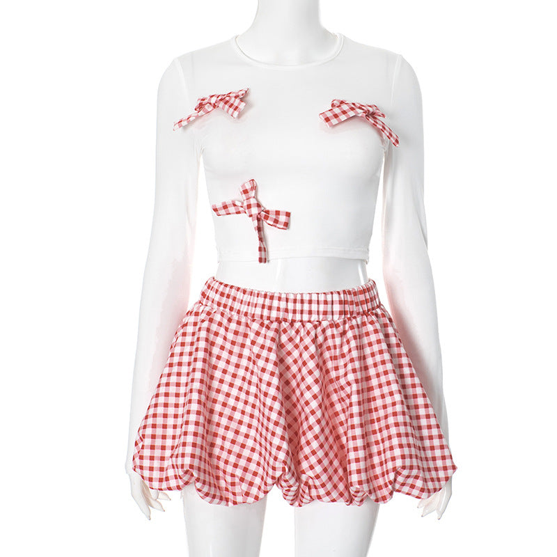 Women Plaid Bow Top and Contrast Color Bud Skirt Two Piece Set 8
