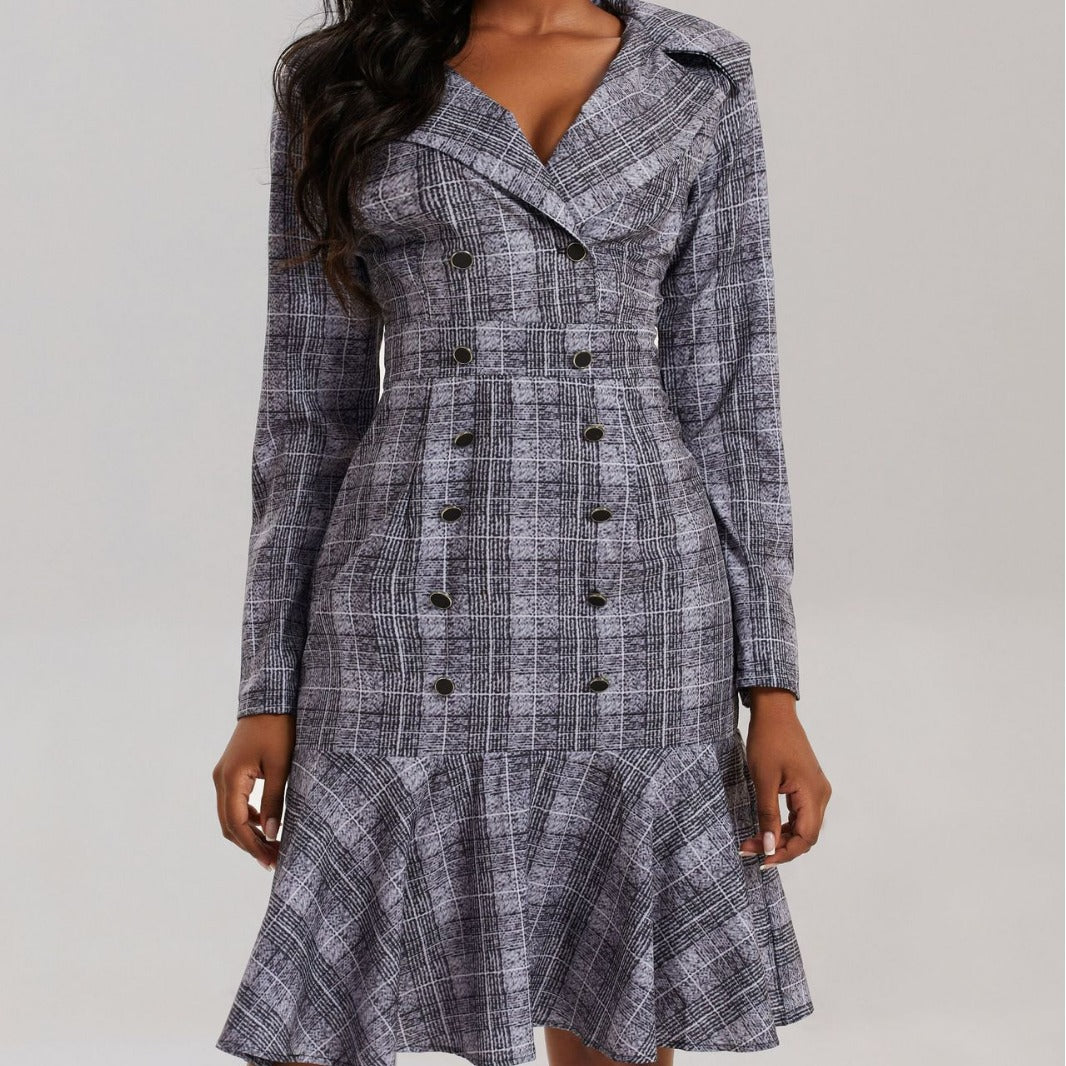 Plus Size Women Turndown Collar Double Breasted Plaid Print Career Dress 7