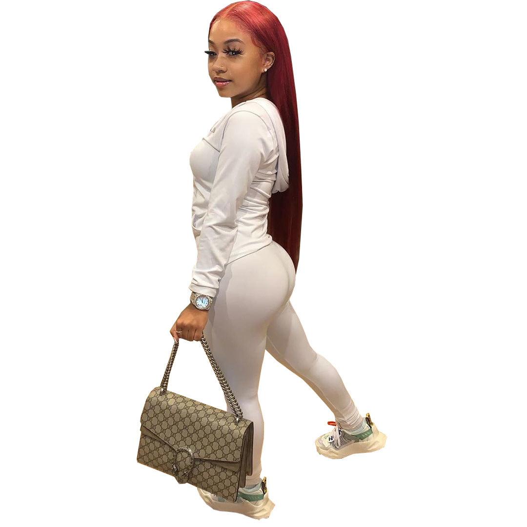 Women Summer Sports Hooded Full Sleeves Solid Pockets Regular Two Piece Pants Set 35