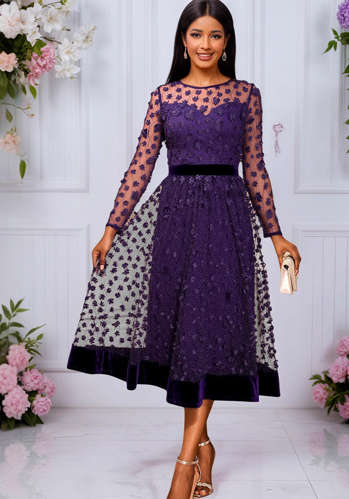 Round Neck Mesh Long Sleeve Dress Velvet Slim Waist A-Line Formal Party Midi Dress