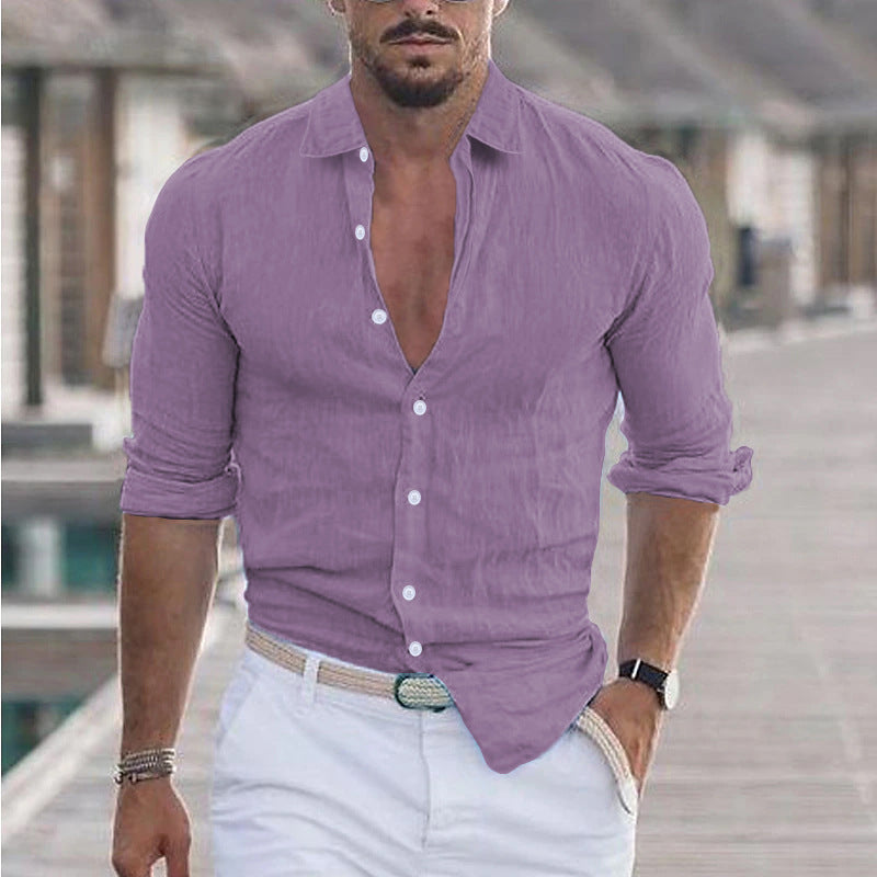 Men 's Summer Turndown Collar Long Sleeve Solid Color Beach Linen Shirt 8