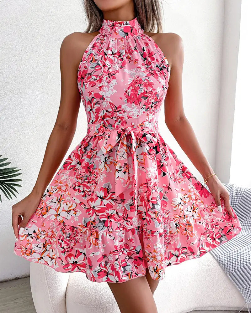 Summer Sleeveless Floral Halter Neck Slim Waist Dress