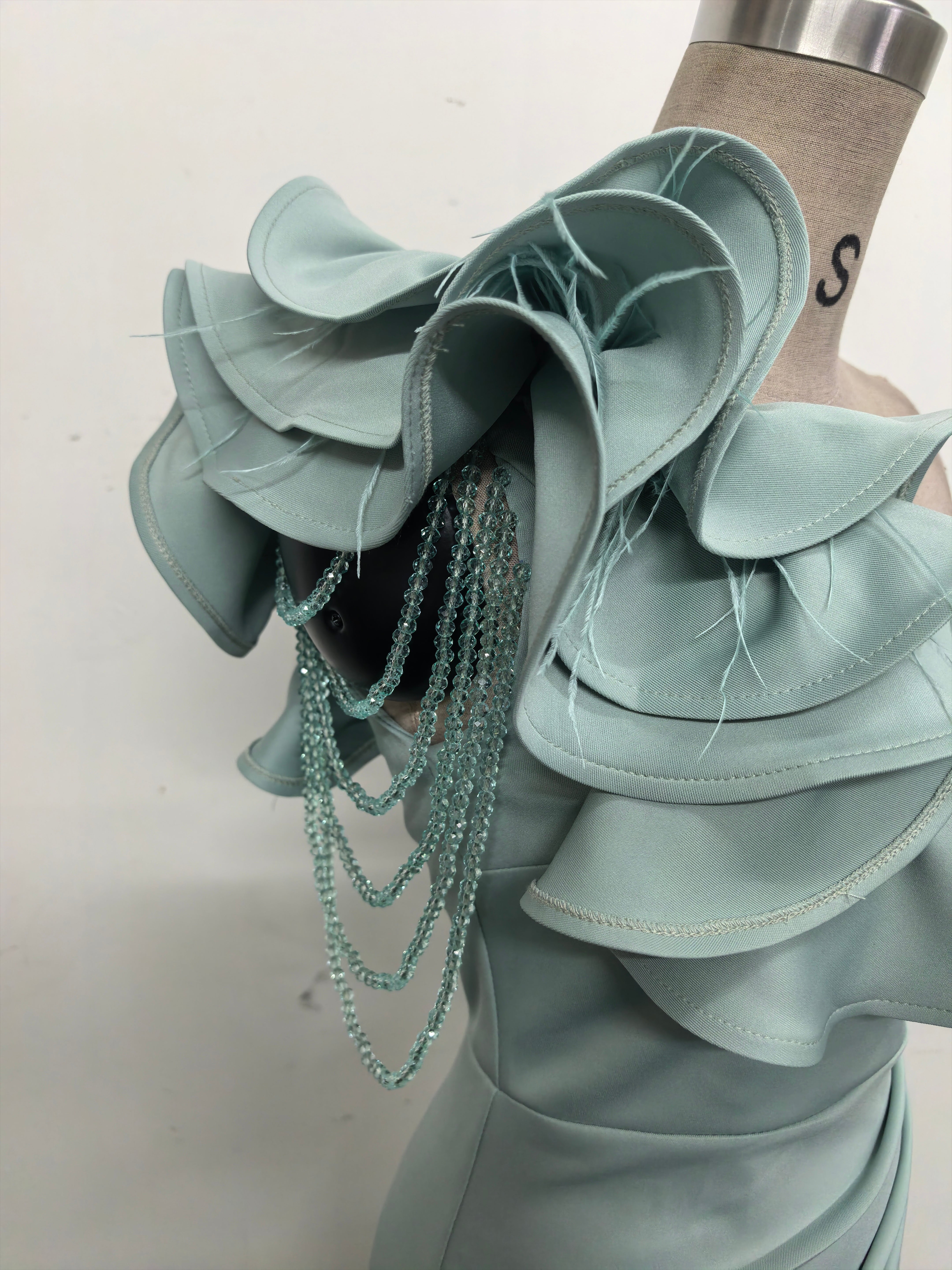 Women One-Shoulder Beaded Wool and Floral Satin Slit Sexy Evening Dress 29