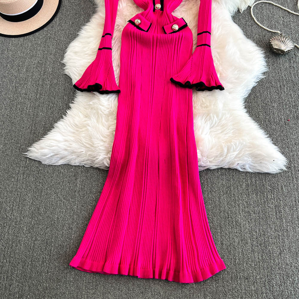 Winter Turndown Collar Knitting Dress Women Long Sleeve Fashion Chic Slim Waist Sweater Dress 13