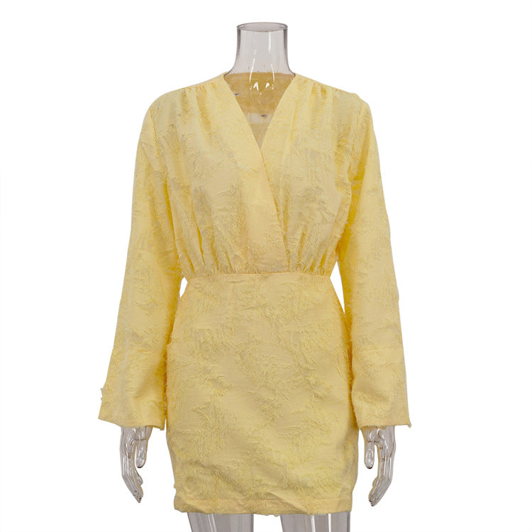 Spring And Autumn Solid Color Jacquard Long Sleeve V-Neck Loose Dress Women's Clothing 8