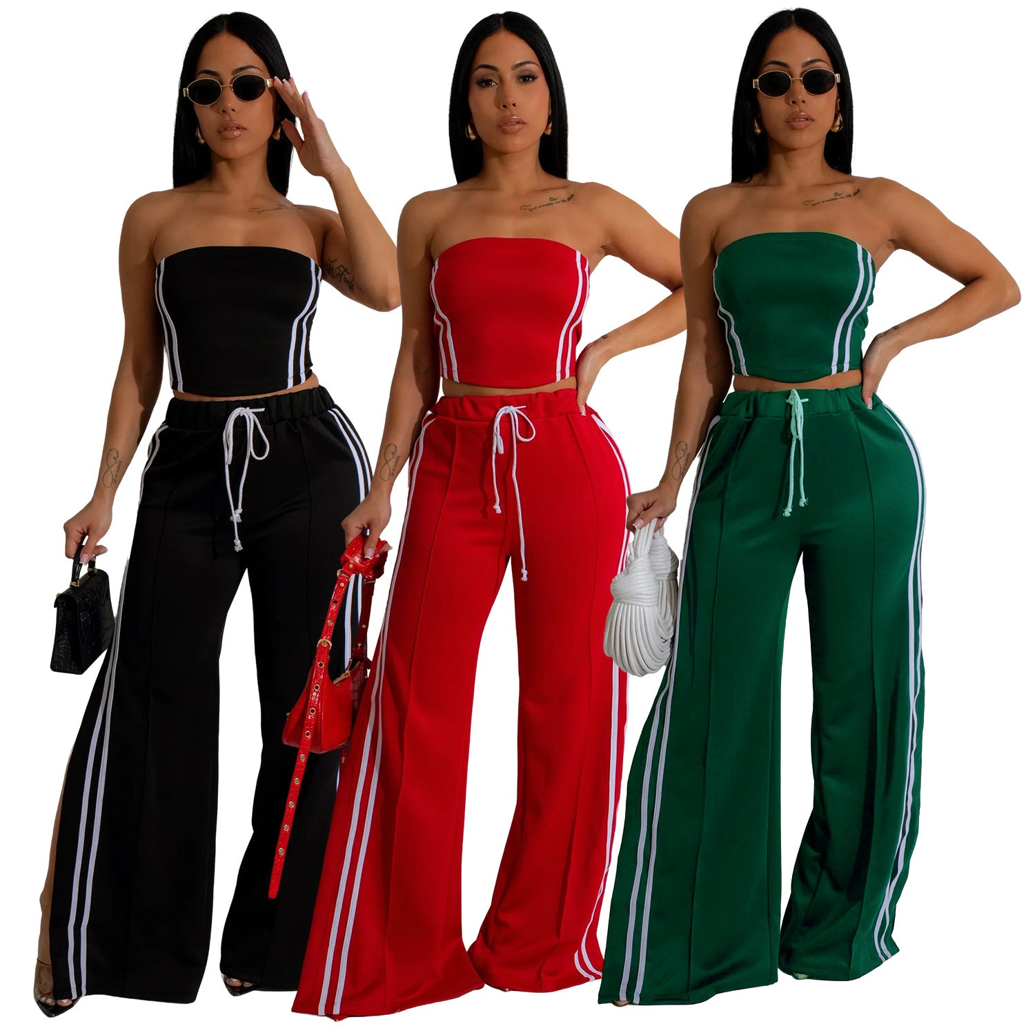 Women Summer Sexy Strapless Top and Two-Piece Pants Set 16