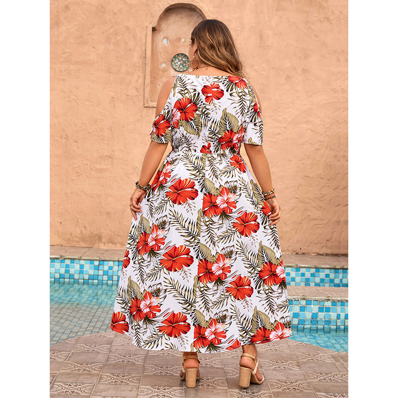 Women Off Shoulder Printed Dress V Neck Short Sleeve Loose Dress 5