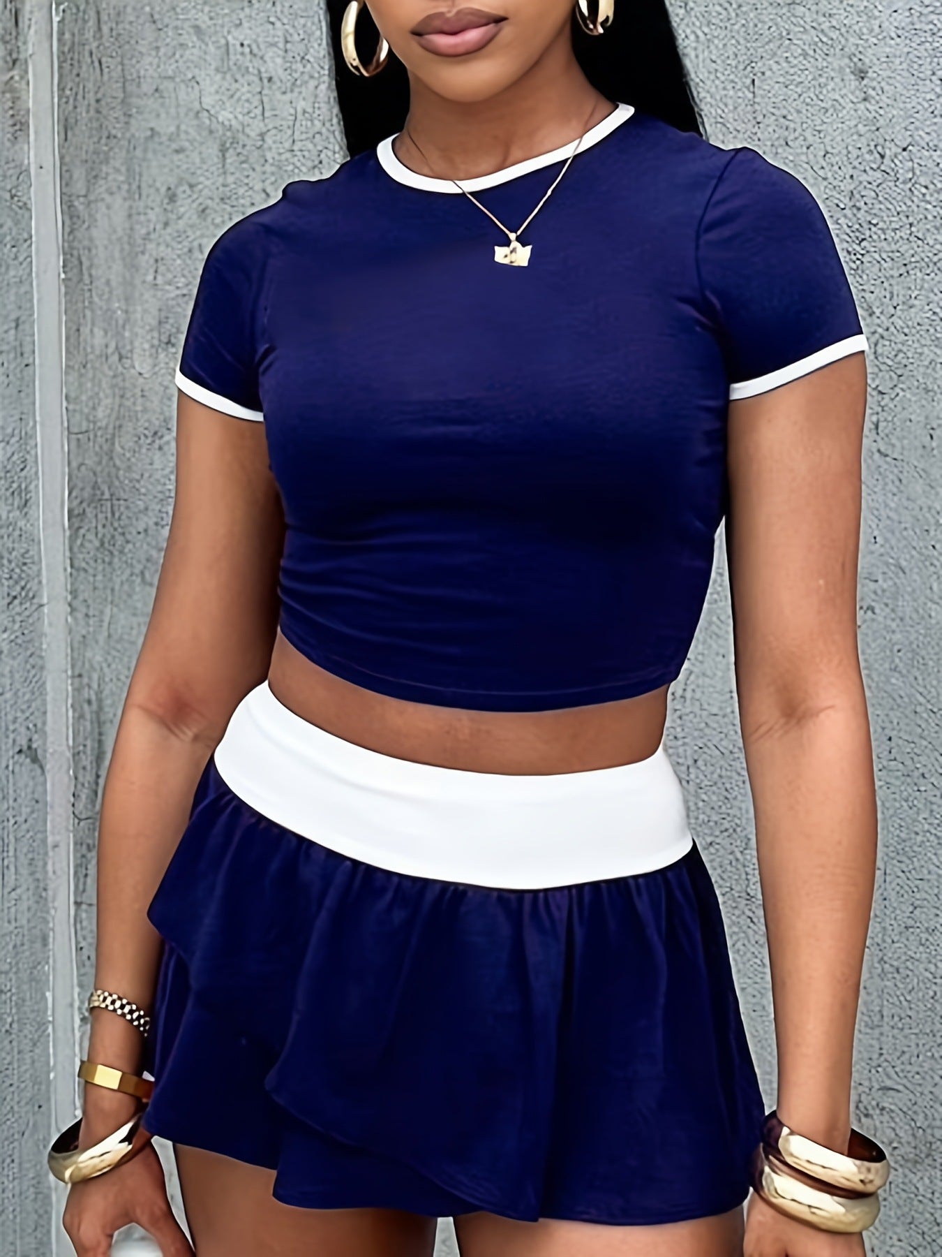 Women's Sports Color Block Round Neck Short Sleeve Sexy Slim T shirt Skirt Two Piece Set