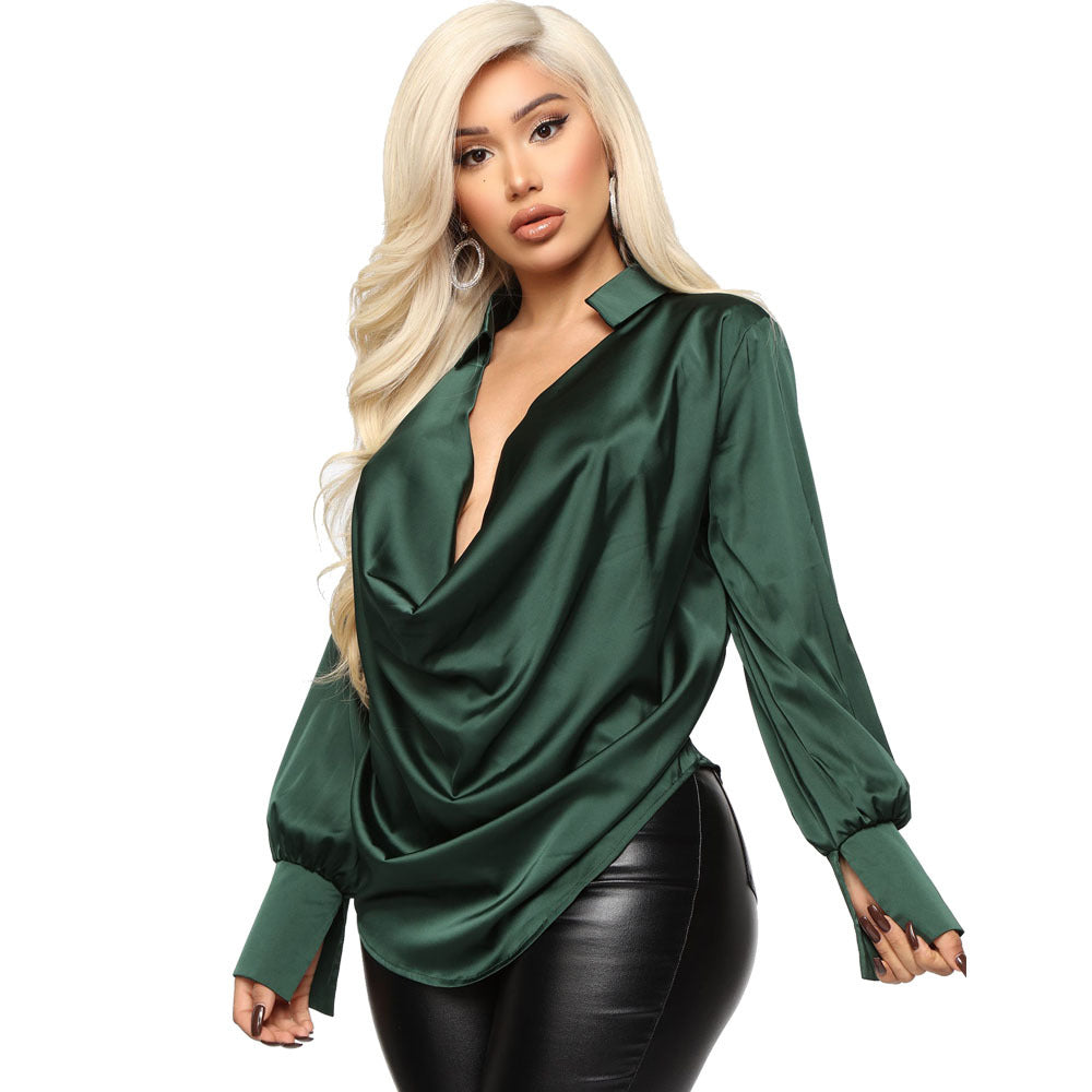 Women Satin Long Sleeve Deep V-Neck Shirt 4