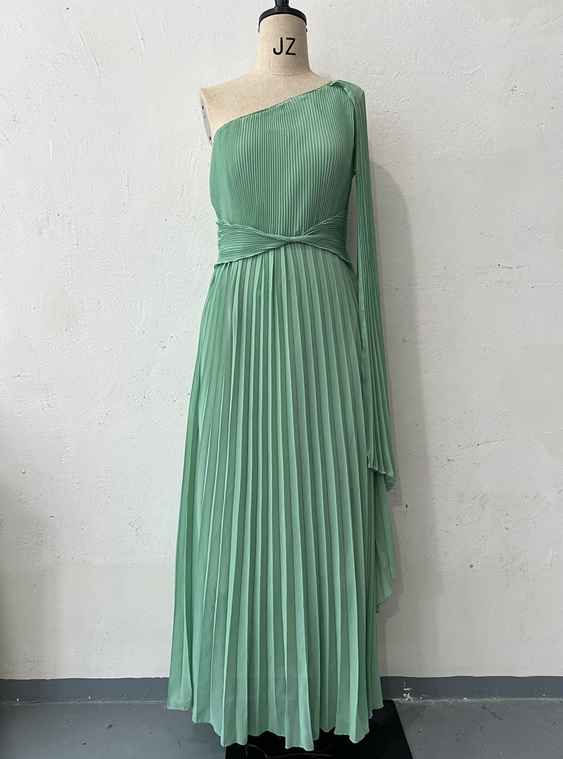 Summer Solid Color Fashion Slash Shoulder Raglan Sleeve Slim Waist Pleated Long Dress 9