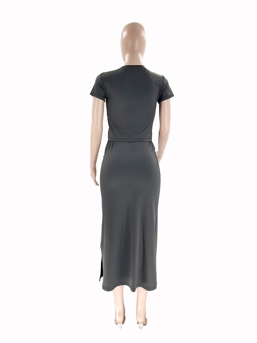 Summer Women's Fashion Casual Solid Color Round Neck Short Sleeve Top Long Skirt Set 14