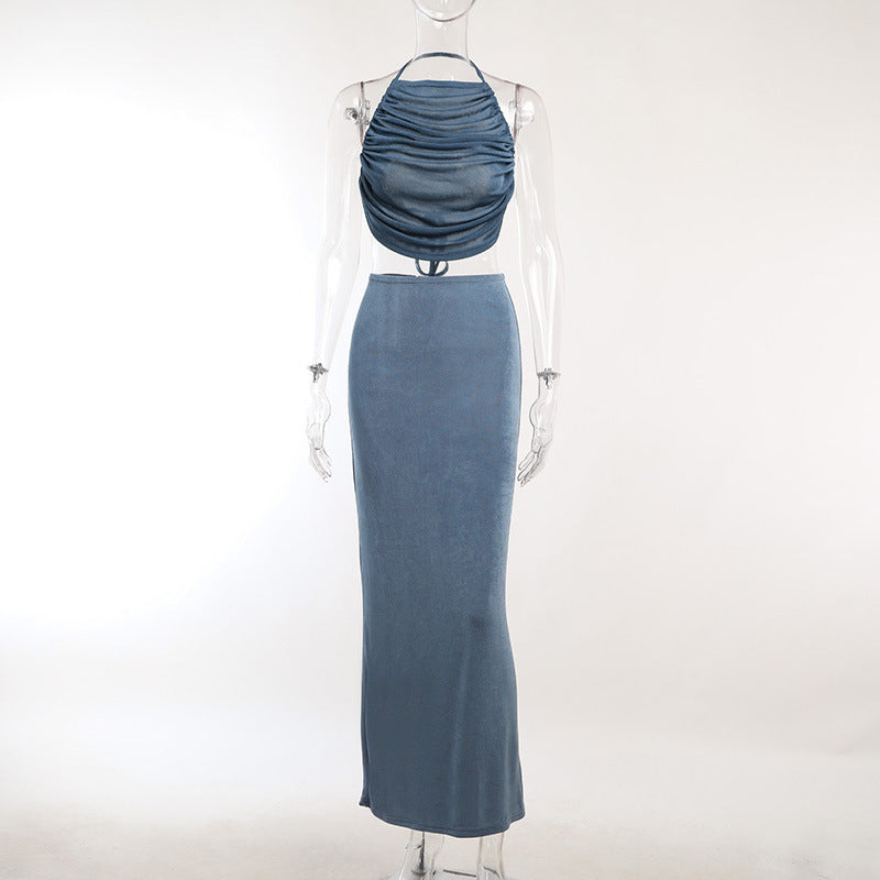 Autumn Solid Color Halter Neck Slim Fit Slim Pleated Low Back Top Skirt Women's Clothing 8