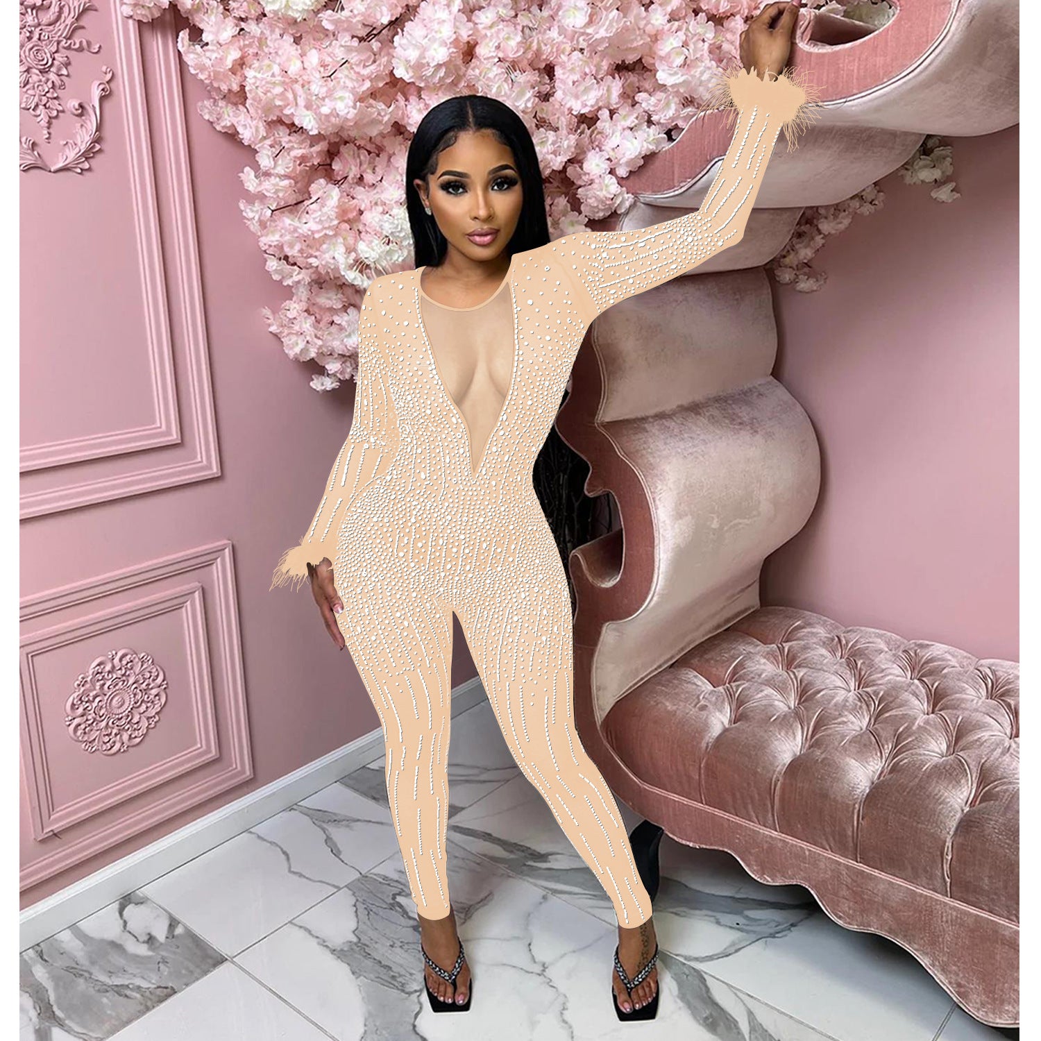 Fashion Women's Mesh Beaded V-Neck Long Sleeve Feather Long Library Jumpsuit 5