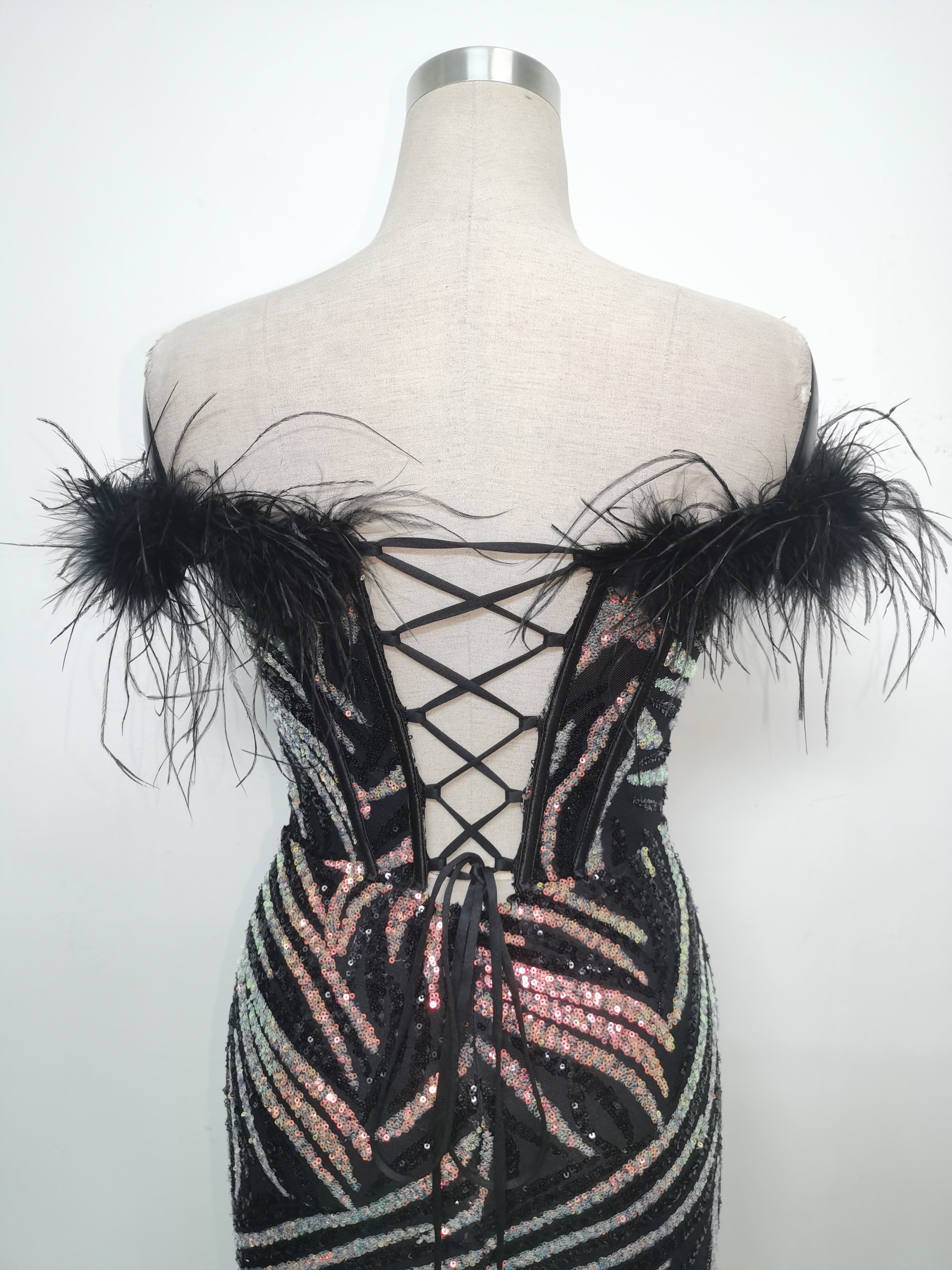 Fishbone Slim Waist Off Shoulder Feather Sequined Evening Dress 28