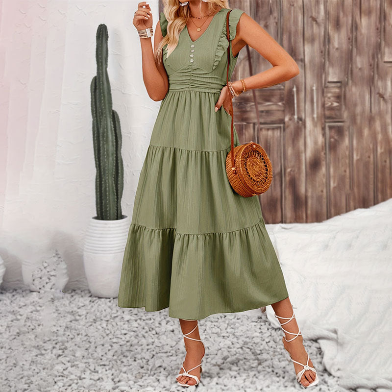 Women Ruffled Solid Jacquard Sleeveless Cascading Ruffles Dress 3