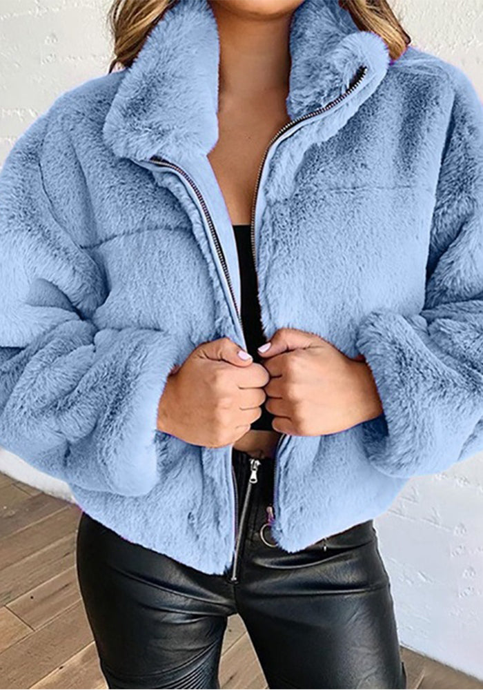 Women furry zipper warm jacket