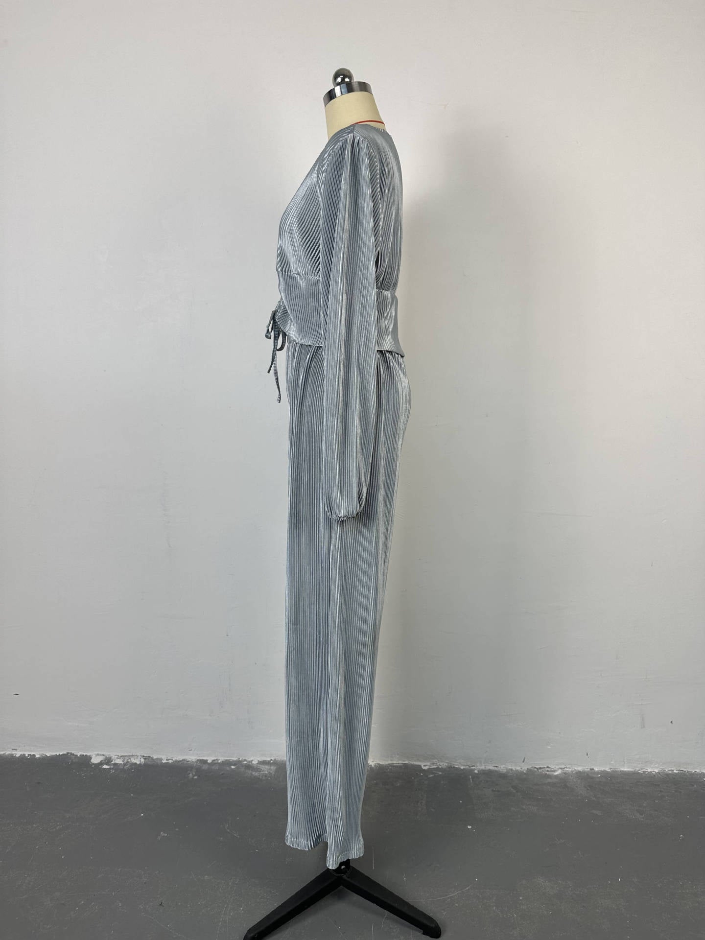 Women's Autumn Fashion V-Neck Puff Sleeve Top Wide Leg Trousers Casual Two Piece Set 12