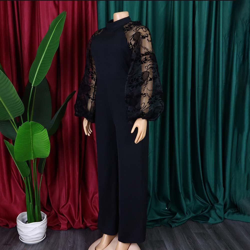 Plus Size Women Loose Patchwork Puff Sleeve Wide Leg Jumpsuit with Belt 4