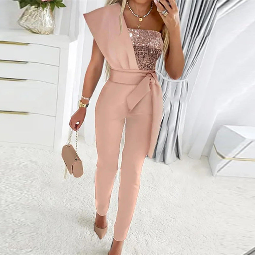 Women Winter Slash Shoulder Sequin Jumpsuit