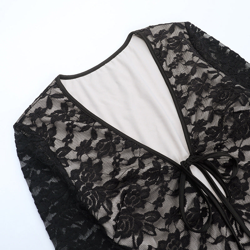 Women Bell Bottom Long-Sleeved Sexy Lace-Up Mini Dress 11