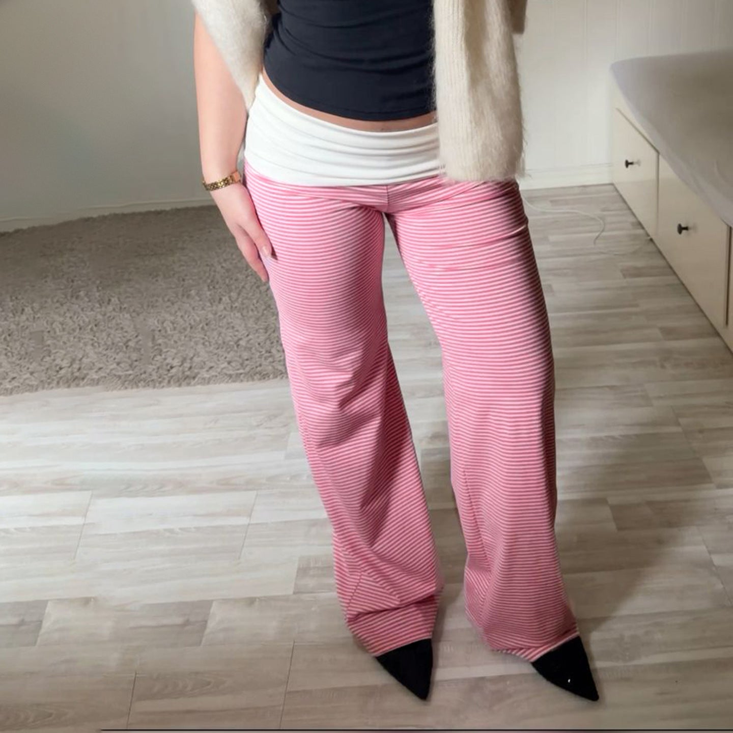 Women's Casual Loungewear High-Waisted Striped Knit Pants Wide-Leg Trousers