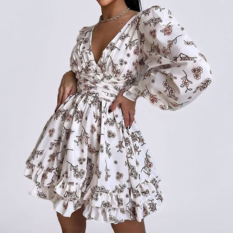 Floral Print Sweet V-neck Puff Sleeve Slim Waist Dress 6