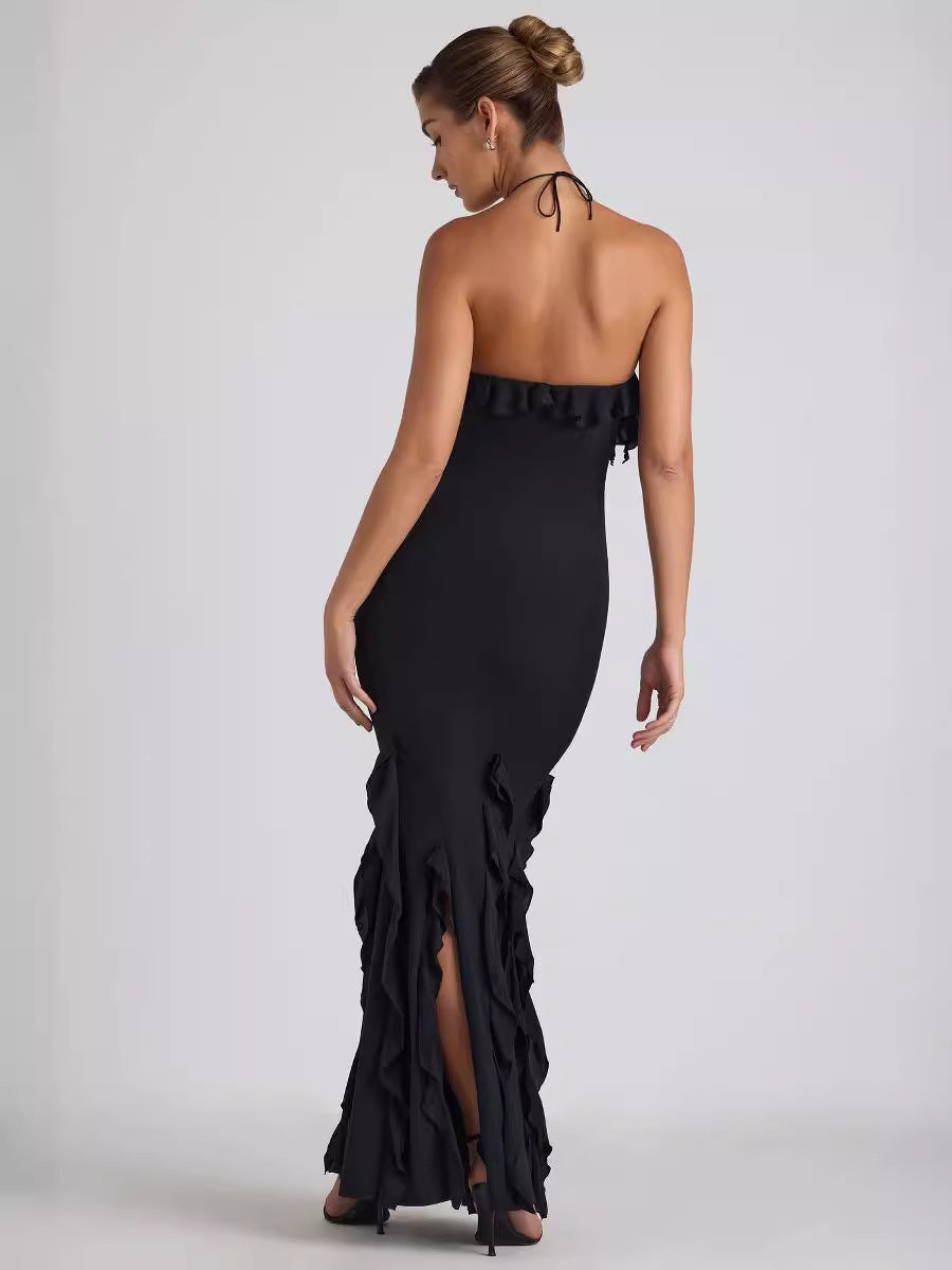 Women Summer Sexy Halter Neck Backless Bodycon Ruffle Pleated Evening Dress 6