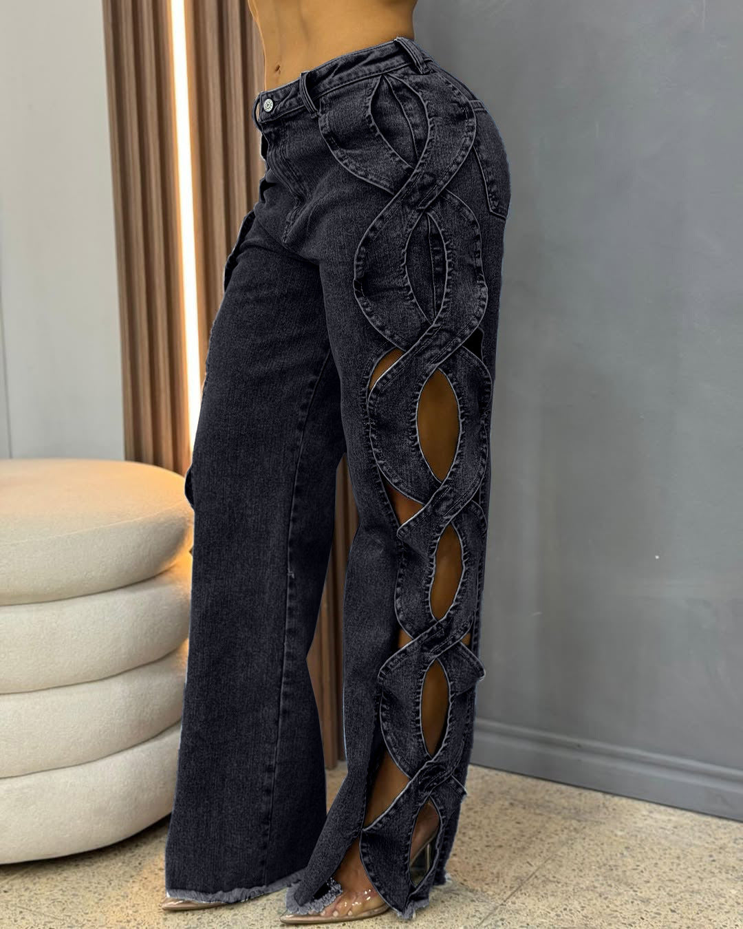 Spring/Summer Women's Side Cutout Denim Patchwork Trousers 4