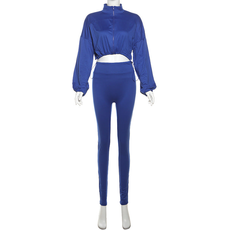 Spring And Autumn Sexy Drawstring Slim Waist Crop Top High Waist Tight Fitting Trousers Two Piece Set 16