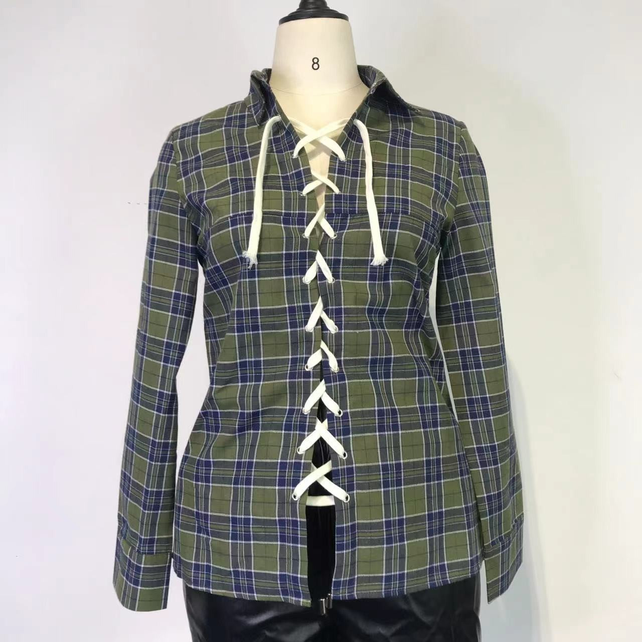 Women Casual Sexy Plaid Long-Sleeve Lace-Up Shirt 6