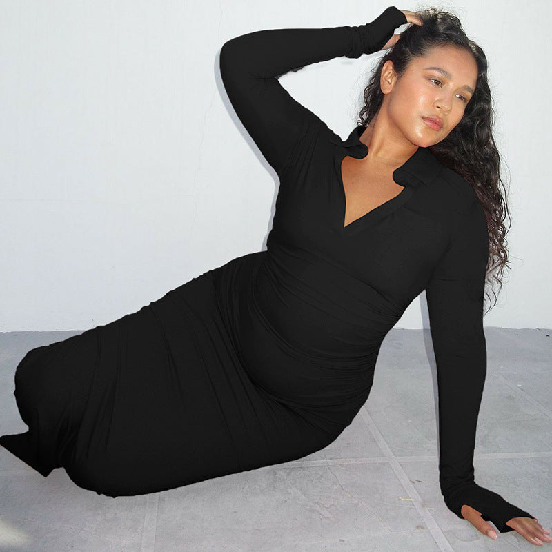 Women's autumn fashion sexy Turndown Collar long sleeve slim midi dress 8