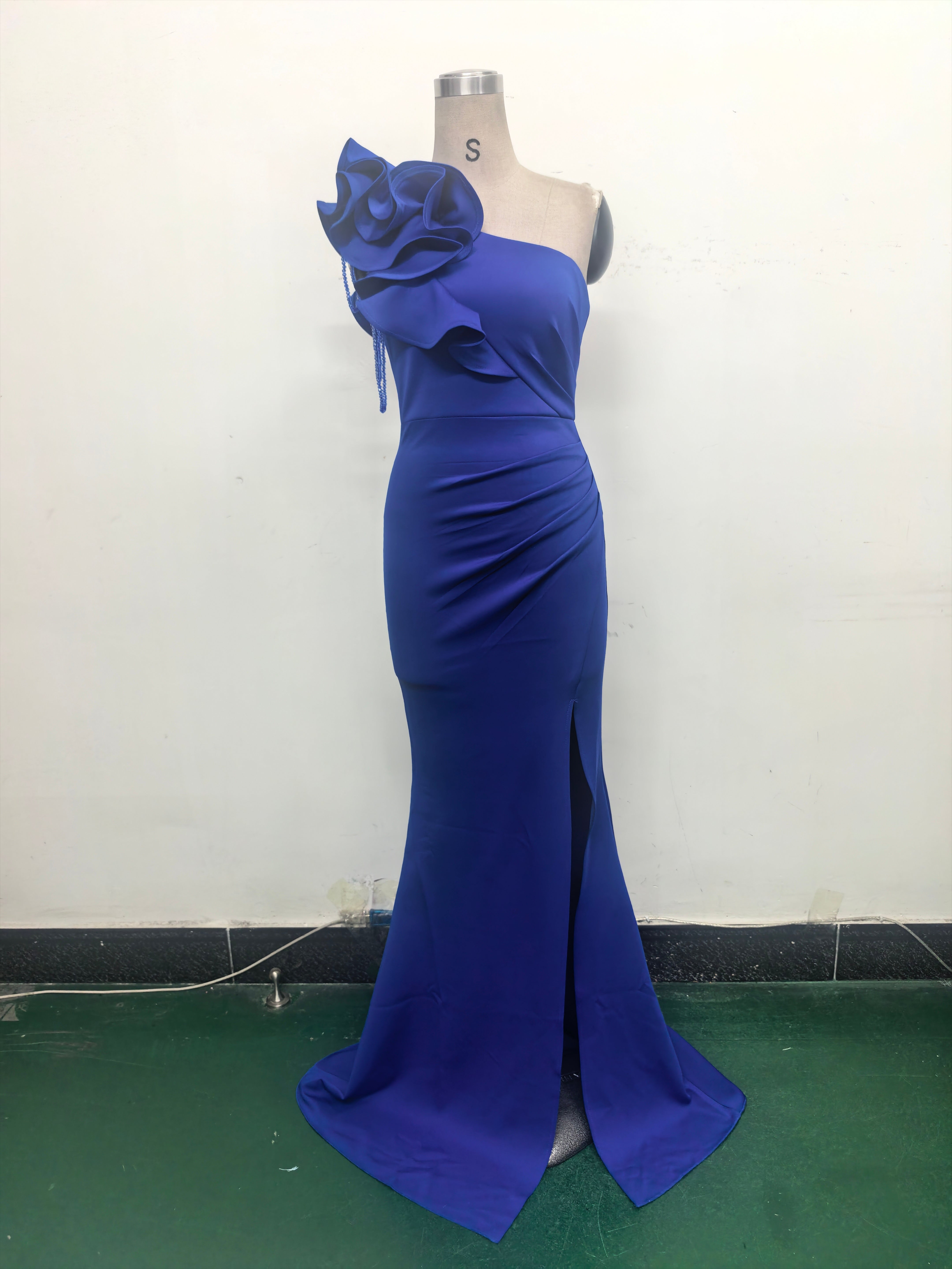 Women One-Shoulder Beaded Wool and Floral Satin Slit Sexy Evening Dress 28