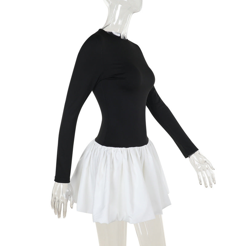 Autumn Chic Slim Contrast Long-Sleeved Bubble Short Dress 9