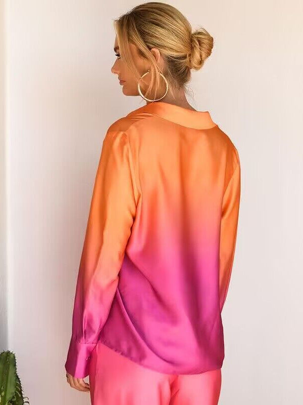 Women's Autumn Fashion Gradient Print Long Sleeve Shirt Pants Two Piece Set 4