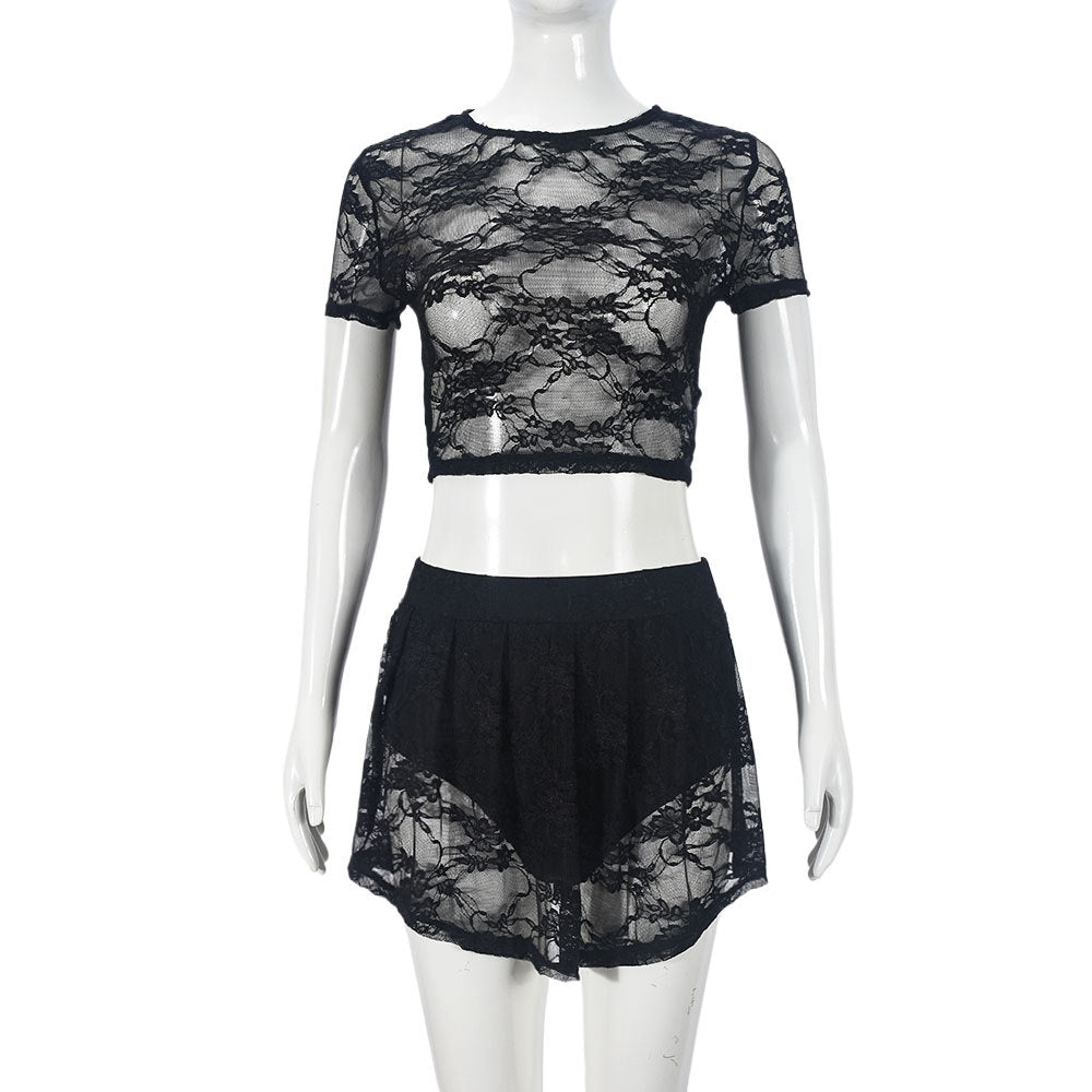 lace hollow Crop Short-sleeved top short skirt fashion sexy two piece set for women 7