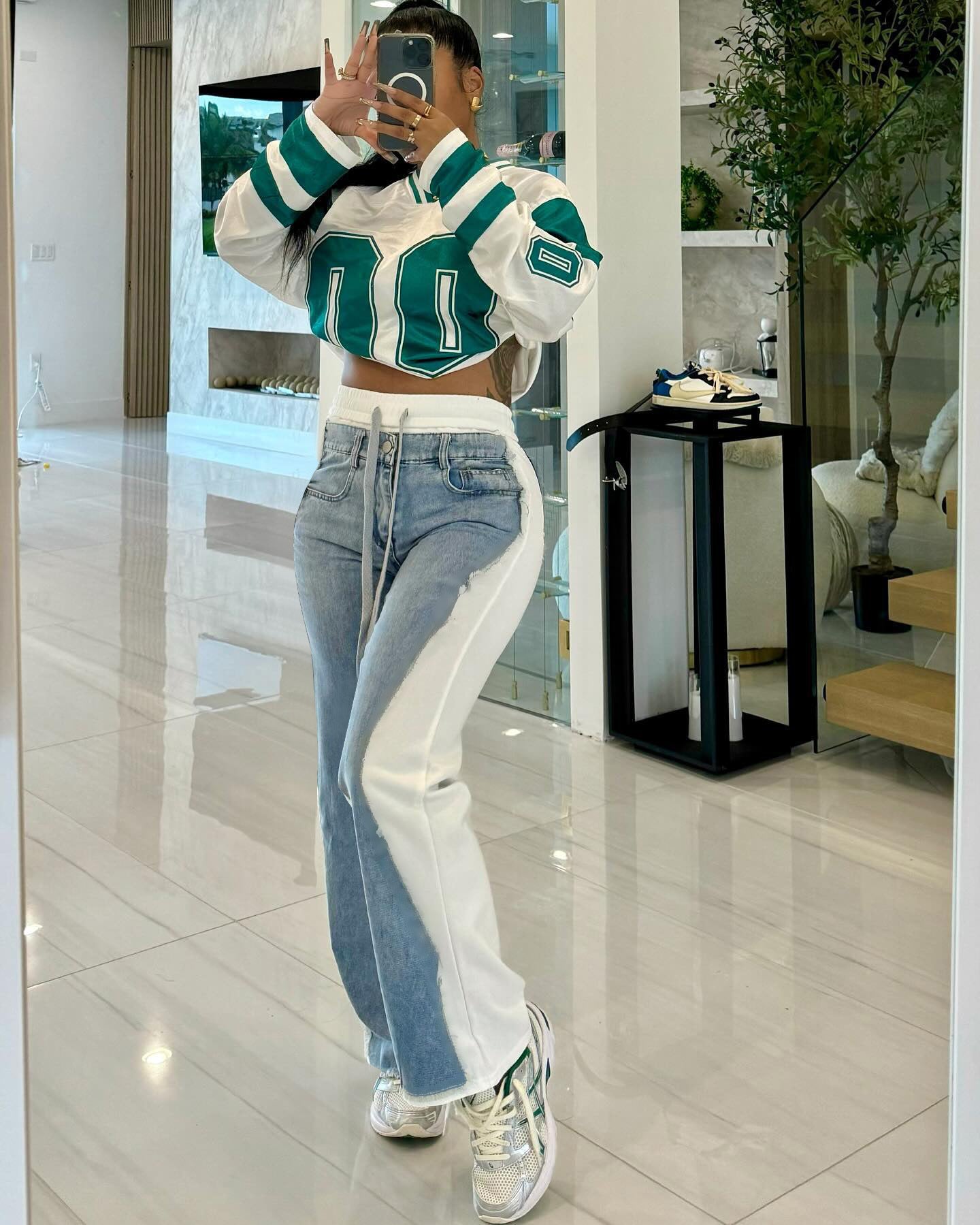 Spring/Summer Denim Print Contrast Pocket Elastic Waist Casual Straight-Leg Pants 3