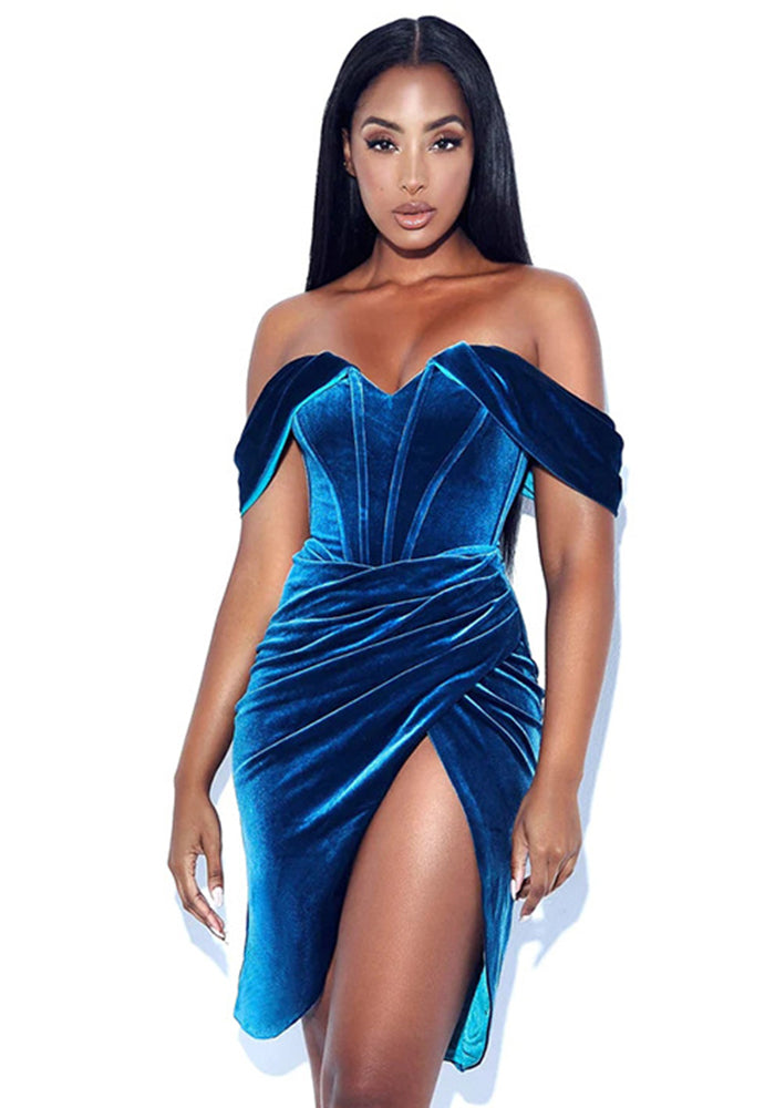 Women Vintage Off Shoulder Velvet Irregular Slit Pleated Dress