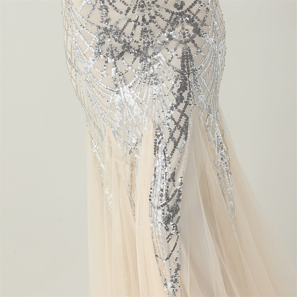 Women Strapless cross Lace-Up sequined tube flower sequined mesh evening dress Formal Party evening dress 33