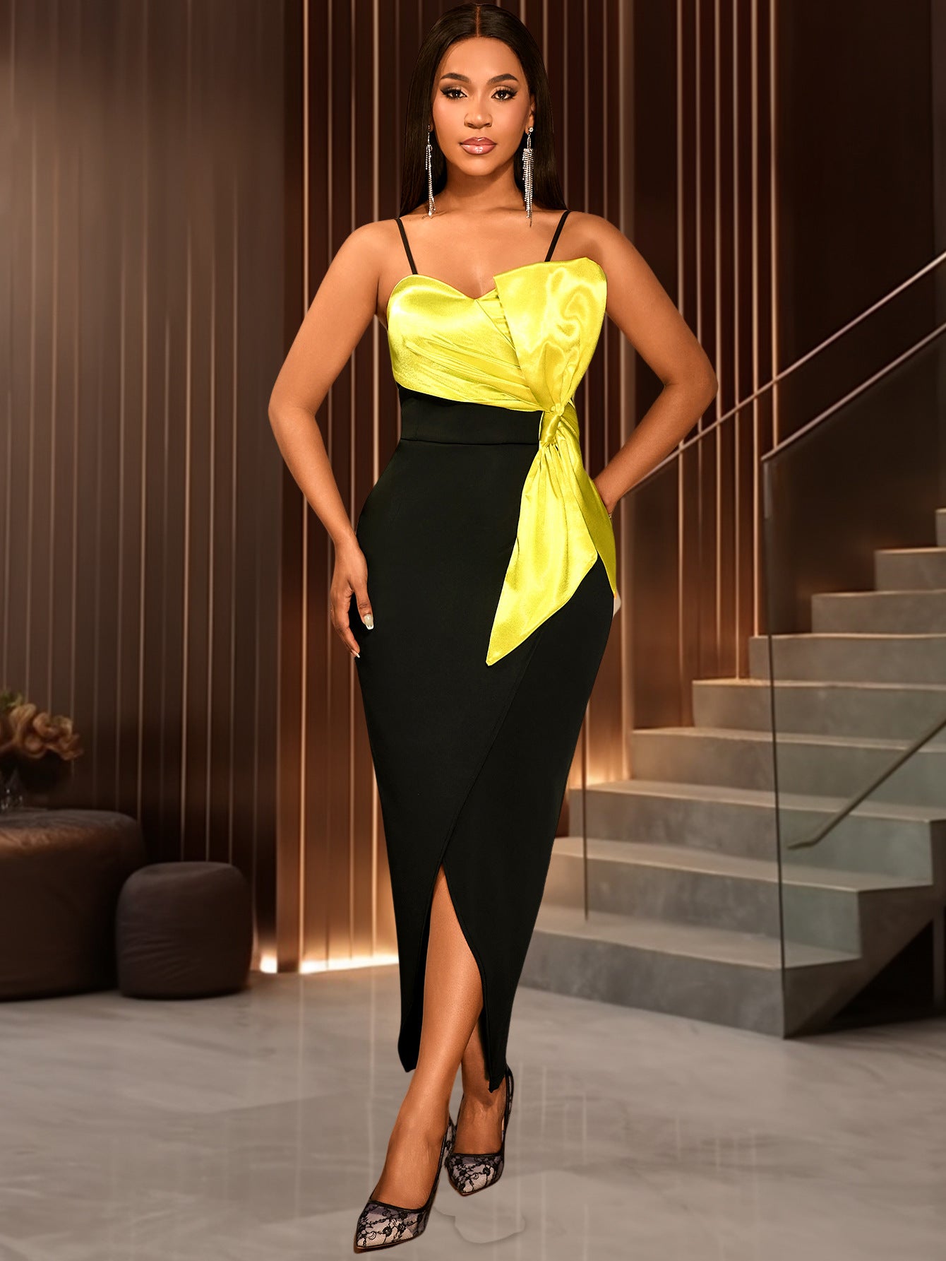 Women Sexy Contrast Strapless Bodycon Bow Evening Dress