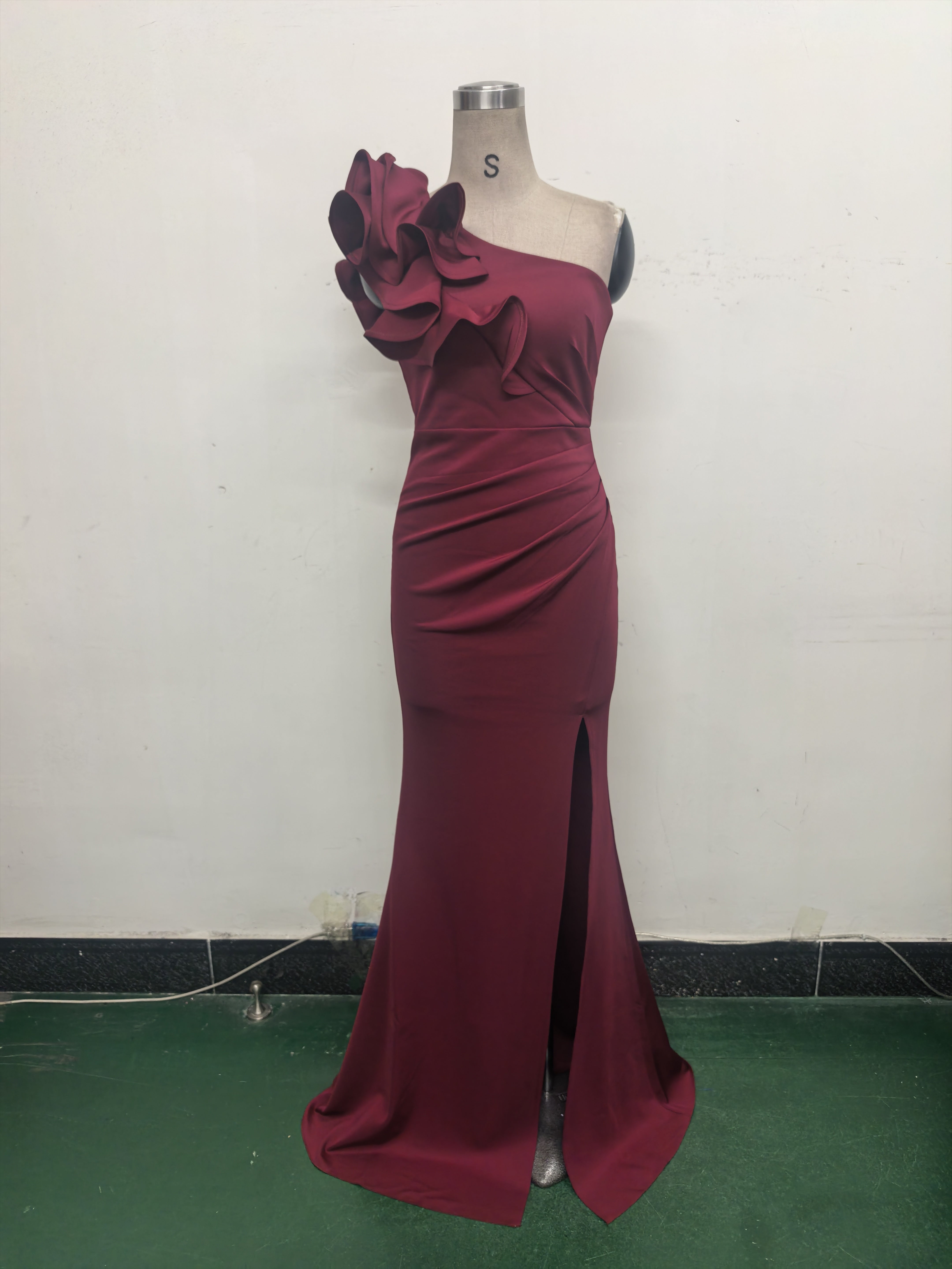 Women One-Shoulder Beaded Wool and Floral Satin Slit Sexy Evening Dress 35