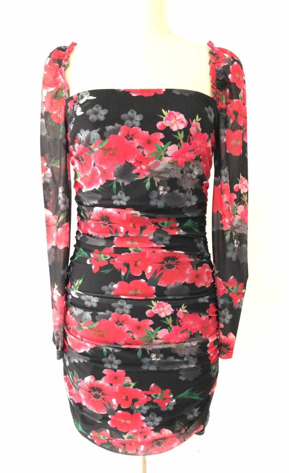 Women Mesh Print Strapless Pleated Long-Sleeved Sexy Backless Bodycon Dress 4