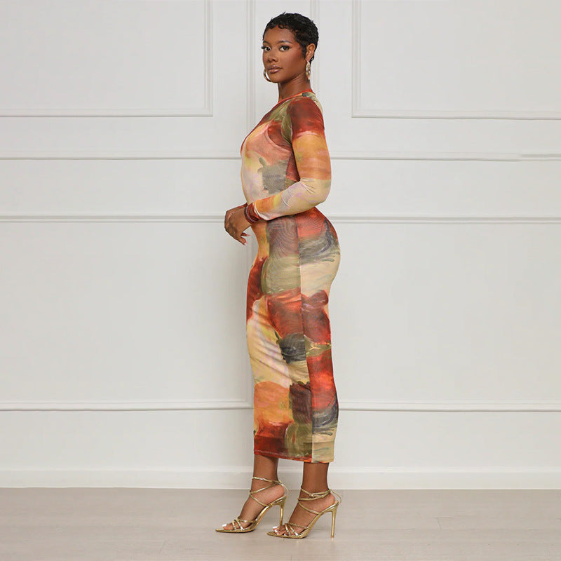 Women suspender skirt sexy Mesh abstract print long-sleeved dress two-piece set 6