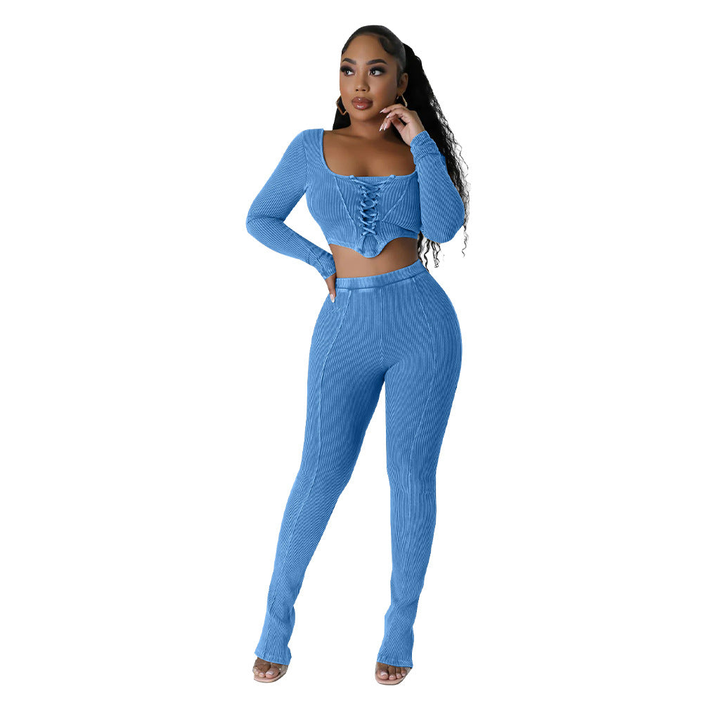 Women's Square Neck Long Sleeve Lace Up Top Sexy Tight Fitting Pencil Pants Fashion Two Piece Set 8