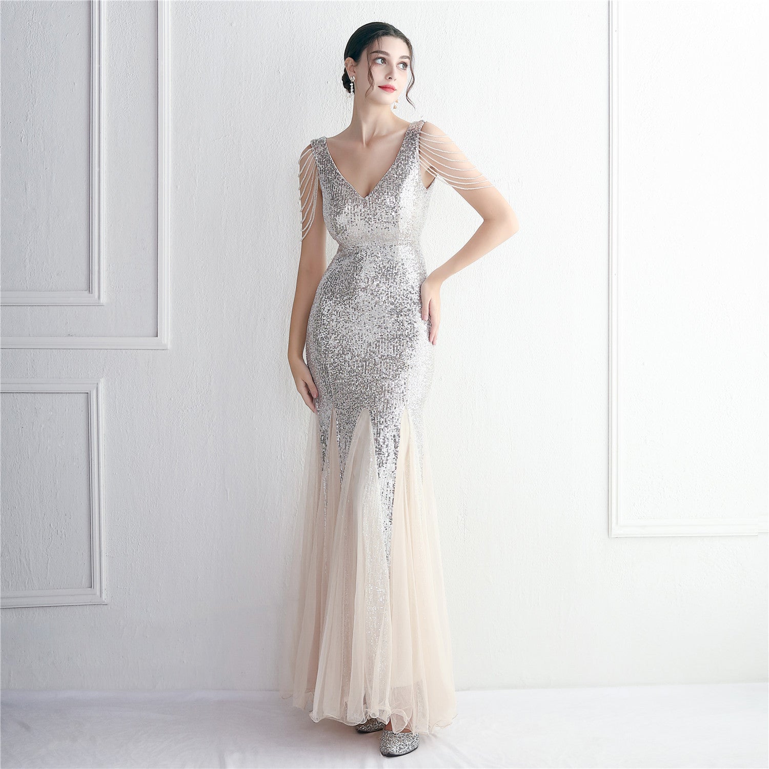Beaded Mesh Evening Dress Long Formal Party Slim Evening Dress 16